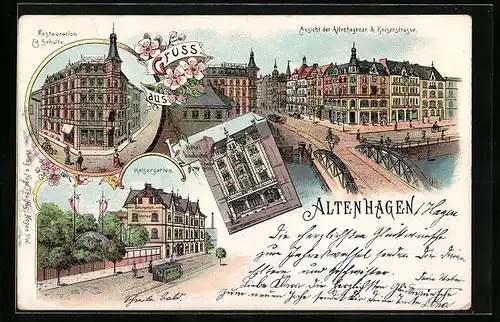 Lithographie Altenhagen, Athenhagener u. Kaiserstrasse, Restaurant Ed. Schulte, Restaurant Kaisergarten