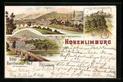 Lithographie Hohenlimburg, Schloss, Hotel Bentheimer Hof, Totalansicht mit Fluss