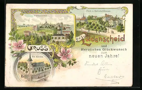 Lithographie Lüdenscheid, Post- und Bahnhofstrasse, Villenviertel, Ev. Kirche