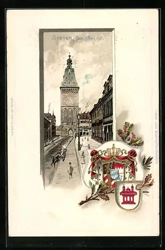 Passepartout-Lithographie Speyer, Das Altpörtel, Wappen
