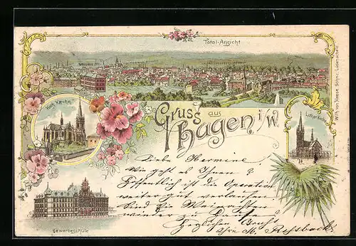 Lithographie Hagen, Kath. Kirche, Luther Kirche, Panorama