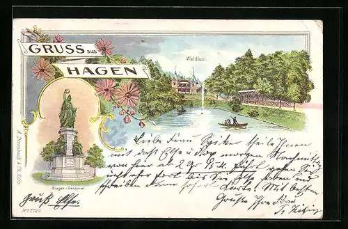 Lithographie Hagen, Waldlust und Sieges-Denkmal