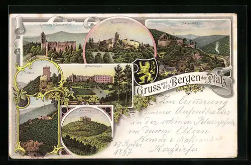 Lithographie Dürkheim a. H., Madenburg, Hardenburg, Maxburg