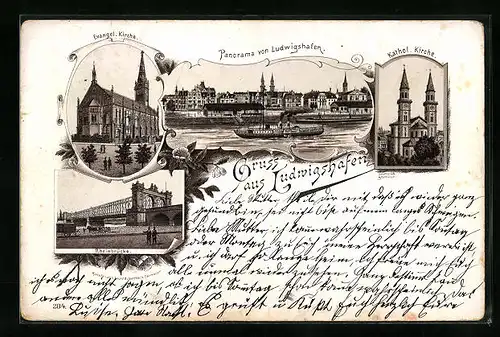 Lithographie Ludwigshafen, Kathol. und Evangel. Kirche, Rheinbrücke, Panorama