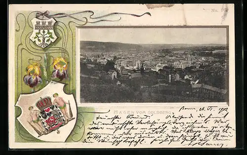 Passepartout-Lithographie Hagen, Sicht vom Goldberg, Wappen