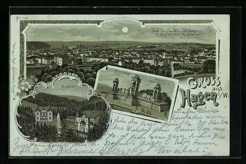 Lithographie Hagen i. W., Waldlust, Denkmal Kaiser Wilhelm, Panorama