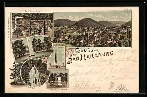 Lithographie Bad Harzburg, Sieges Denkmal, Bismarck Denkmal, Panorama