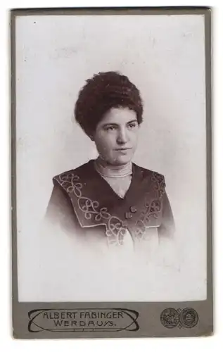 Fotografie Albert Fabinger, Werdau, Reichenbachstrasse 46a, Frau mit dunklem, nach hinten gebürstetem Haar