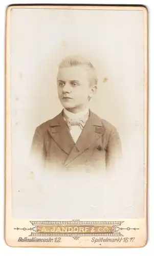 Fotografie A. Jandorf & CO., Berlin, Spittelmarkt 16, Portrait Junge in Anzug mit Fliege