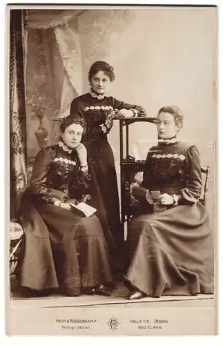 Fotografie Hein & Roggenkamp, Halle a. S., Gr. Ulrichstrasse 36, Drei junge hübsche Frauen in eleganten Kleidern