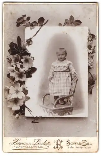 Fotografie Hermann Linke, Schwäb. Hall, Kleinkind in kariertem Kleid auf Stuhl stehend