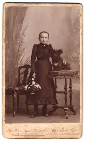 Fotografie Alexander Strube, Löbau i. S., Poststr. 309, Portrait Mädchen im Kleid mit ihrem Hund im Atelier, Blumenkorb