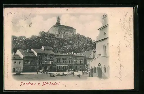 Relief-AK Nachod, Blick vom Hauptplatz zum Schloss