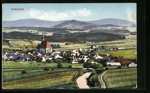 AK Unterhaid, Ortsansicht mit Kirche und Zufahrtsstrasse