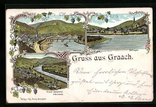 Lithographie Graach, Josephshof und Berncastel, Panorama