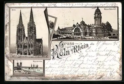 Vorläufer-Lithographie Köln a. Rh., 1895, Neuer Bahnhof, Rheinbrücke, Dom