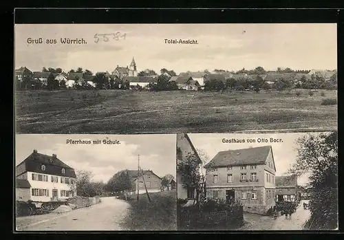AK Würrich, Gasthaus Otto Bocr, Pfarrhaus mit Schule
