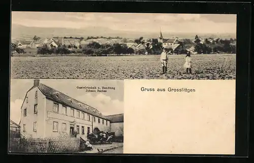 AK Grosslittgen, Gasthaus u. Handlung Johann Baches, Panorama