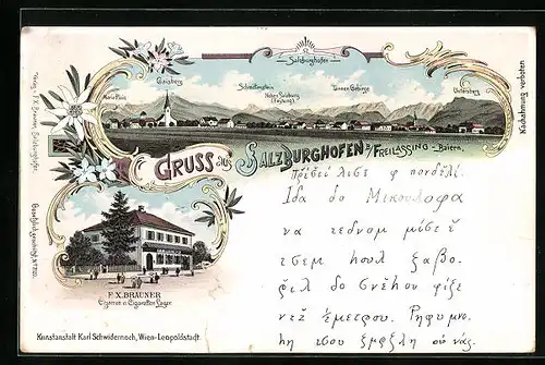 Lithographie Salzburghofen, Cigarren-Handlung F. X. Brauner, Panorama mit Schmittenstein