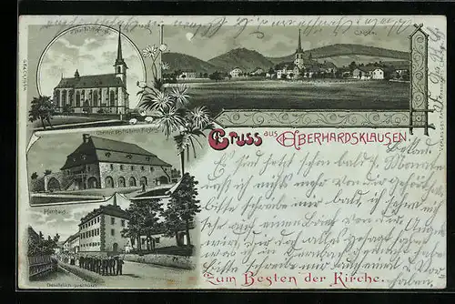 Mondschein-Lithographie Eberhardsklausen, Überrest des früheren Klosters, Pfarrhaus, Panorama