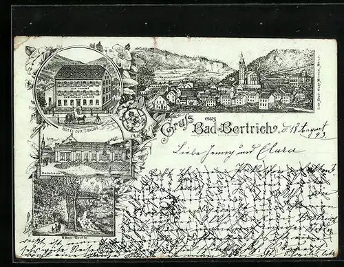 Lithographie Bad Bertrich, Hotel zur Traube, Käsegrotte, Badehaus