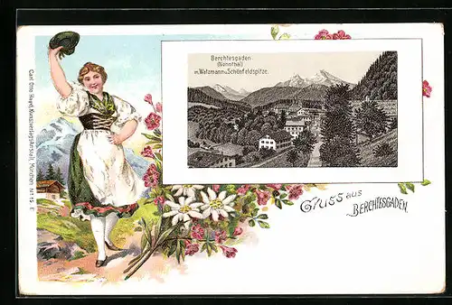 Lithographie Berchtesgaden, Panorama mit Watzmann und Schönfeldspitze