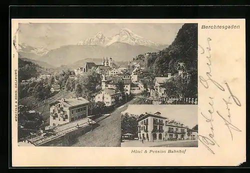 AK Berchtesgaden, Hotel und Pension Bahnhof, Panorama