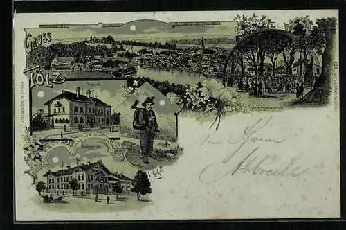 Lithographie Tölz, Postamt, Bürgerbräugarten, Panorama