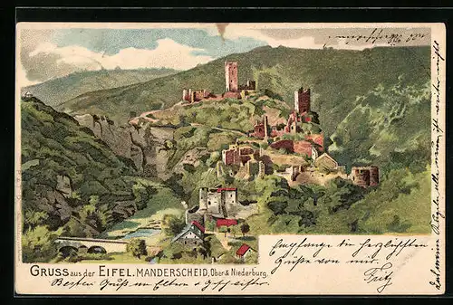 Lithographie Manderscheid / Eifel, Ober und Niederburg