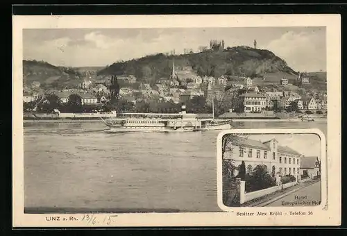 AK Linz a. Rh., Hotel Europäischer Hof, Panorama mit Dampfer