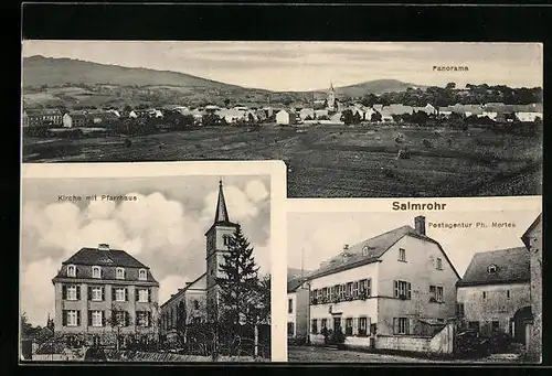 AK Salmrohr, Postagentur, Kirche mit Pfarrhaus, Panorama