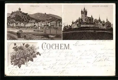 Vorläufer-Lithographie Cochem, 1893, Die Burg und Panorama