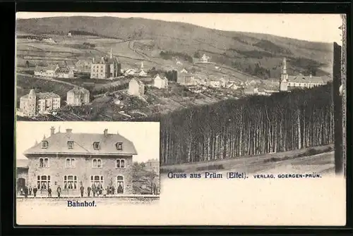 AK Prüm / Eifel, Bahnhof und Panorama