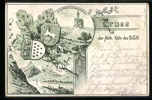 Lithographie Köln, Festpostkarte des SGV, Aussichtsthurm auf dem Astenberge, Drachenfels
