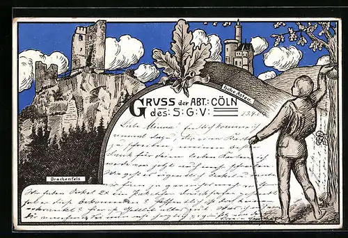 Lithographie Cöln, Festpostkarte des SGV, Drachenfels und Hoher Asten