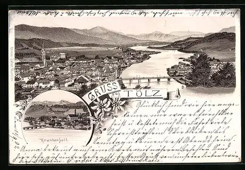 Vorläufer-Lithographie Tölz, 1892, Ortsansicht mit Fluss und Krankenheil