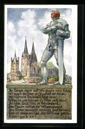 Künstler-AK Köln, Der Kölnische Bauer in Eisen 1915, Nagelung