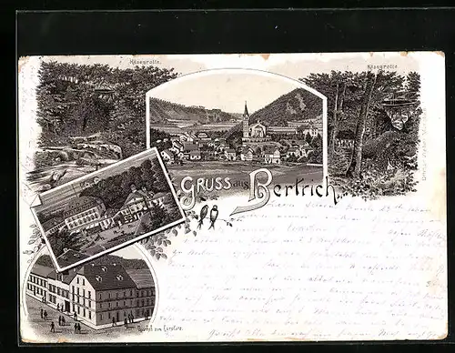 Vorläufer-Lithographie Bertrich, 1895, Gasthof zum Curplatz, Käsegrotte, Panorama