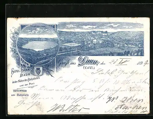 Lithographie Daun / Eifel, Hotel Hommes am Bahnhof, Panorama