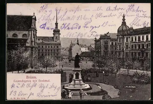 AK Brünn / Brno, Lazanskyplatz mit Denkmal