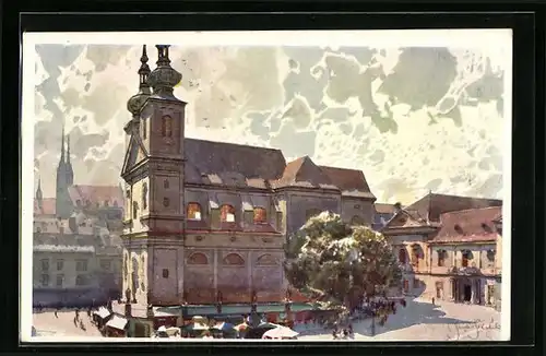 Künstler-AK Brünn / Brno, Dominikanerplatz mit Kirche