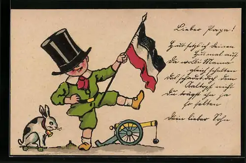 AK Kleiner Junge mit Reichsflagge, Kanone und Kaninchen auf Skateboard, Kinder Kriegspropaganda
