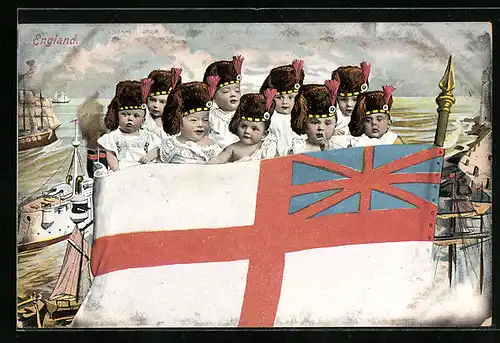 AK Babies mit Pelzmützen und Alt-Britischer Fahne, Kinder Kriegspropaganda