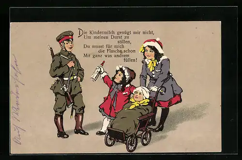 AK Kleiner Soldat mit Frau und Kindern mit Milchflässchen, Kinder Kriegspropaganda