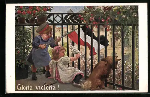 AK Gloria victoria, Kinder wedeln mit Reichsfahne und weissem Tuch vom Balkon, Schäferhund