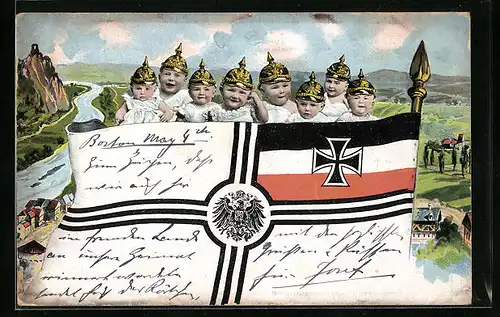 AK Neugeborene mit Pickelhauben und Reichskriegsflagge