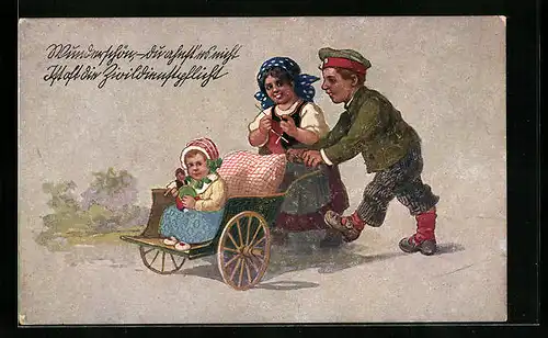 AK Kleiner Soldat mit strickender Ehefrau und Tochter