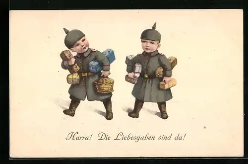 AK Hurra! Die Liebesgaben sind da!, Kleine Soldaten erhalten Post von ihren Liebsten