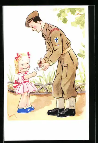 Künstler-AK Britischer Soldat gibt kleinem Mädchen ein Autogramm