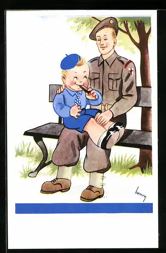 Künstler-AK Britischer Soldat hat seinen Sohn auf dem Schoss